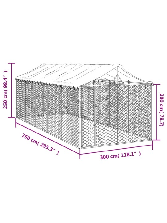 Katusega koeraaedik, hõbedane, 3x7,5x2,5 m, tsingitud teras