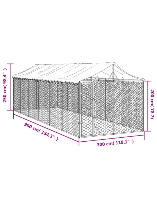 Katusega koeraaedik, hõbedane, 3x9x2,5 m, tsingitud teras