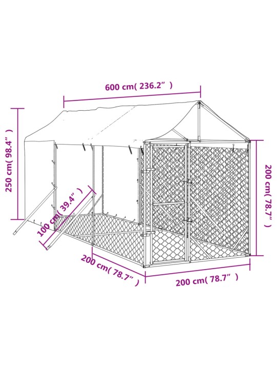 Katusega koeraaedik, hõbedane, 2x6x2,5 m, tsingitud teras