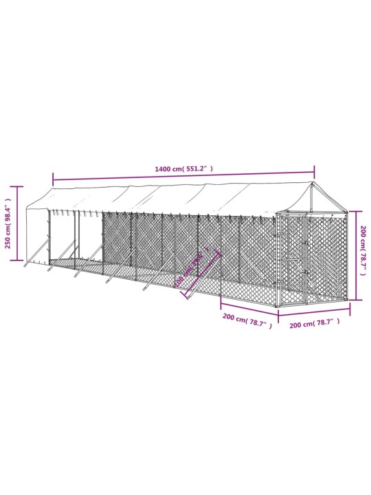 Katusega koeraaedik, hõbedane, 2x14x2,5 m, tsingitud teras