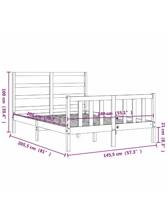 Voodiraam peatsiga, must, 140 x 200 cm, täispuit