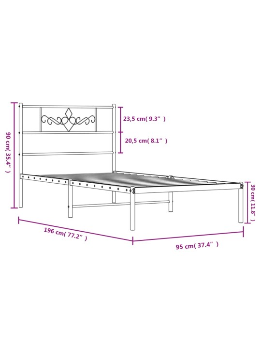 Metallist voodiraam peatsiga, must, 90 x 190 cm