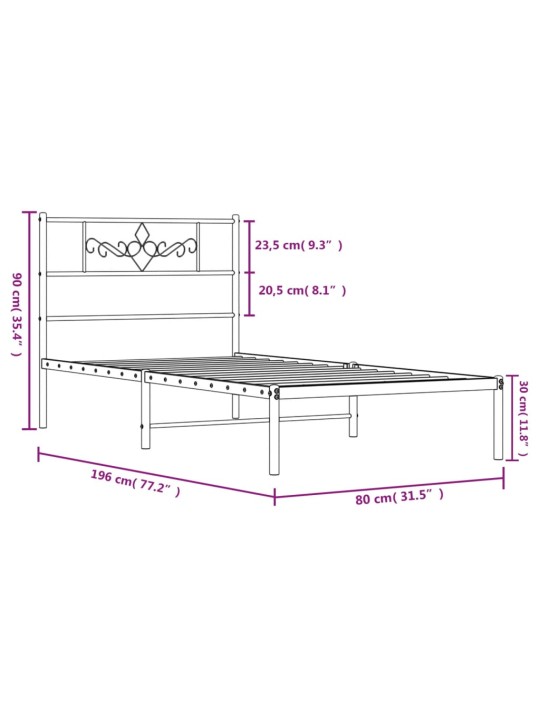 Metallist voodiraam peatsiga, valge, 75x190 cm