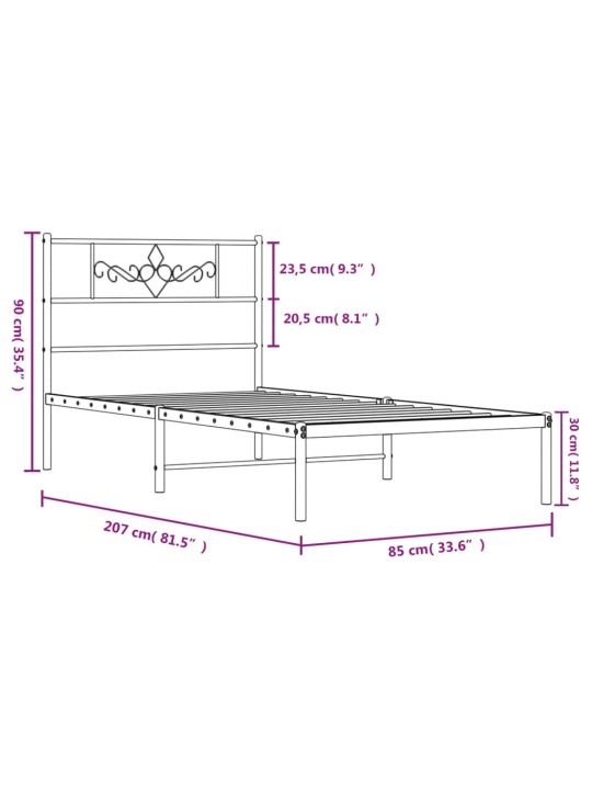 Metallist voodiraam peatsiga, valge, 80x200 cm