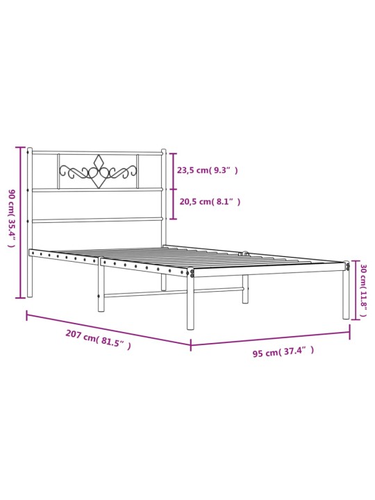 Metallist voodiraam peatsiga, valge, 90 x 200 cm