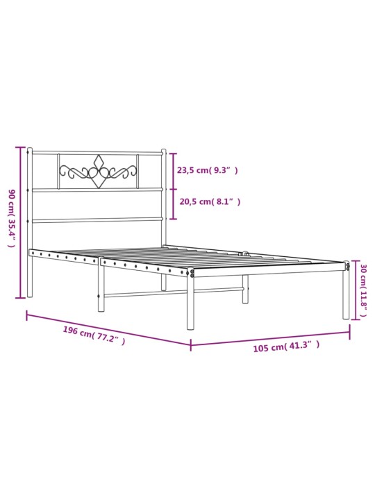 Metallist voodiraam peatsiga, valge, 100 x 190 cm