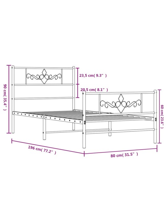 Metallist voodiraam peatsi ja jalutsiga, valge, 75x190 cm