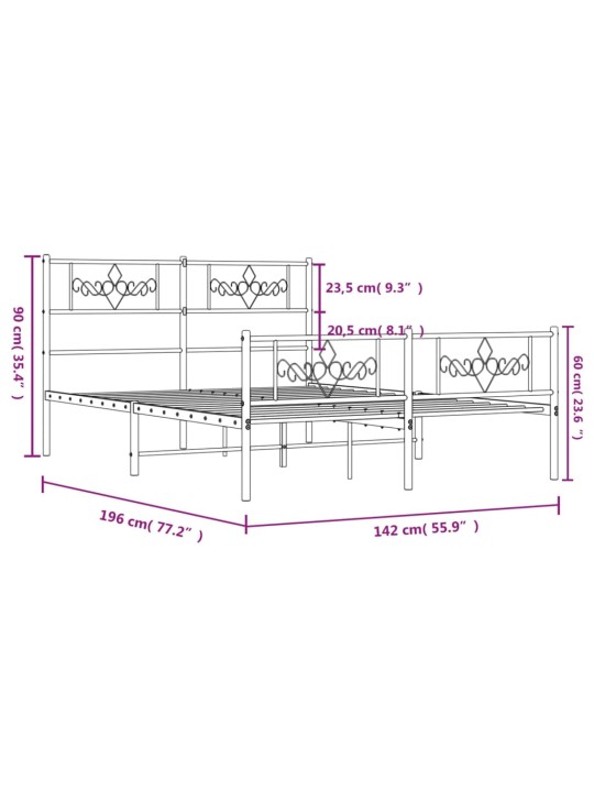 Metallist voodiraam peatsi ja jalutsiga, valge, 135 x 190 cm