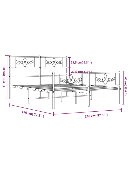 Metallist voodiraam peatsi ja jalutsiga, valge, 140 x 190 cm