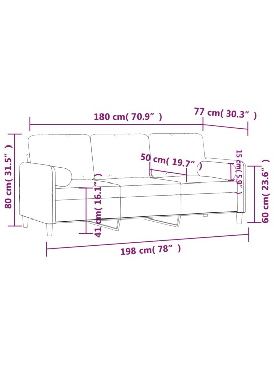 3-kohaline diivan patjadega, helehall, 180 cm, samet