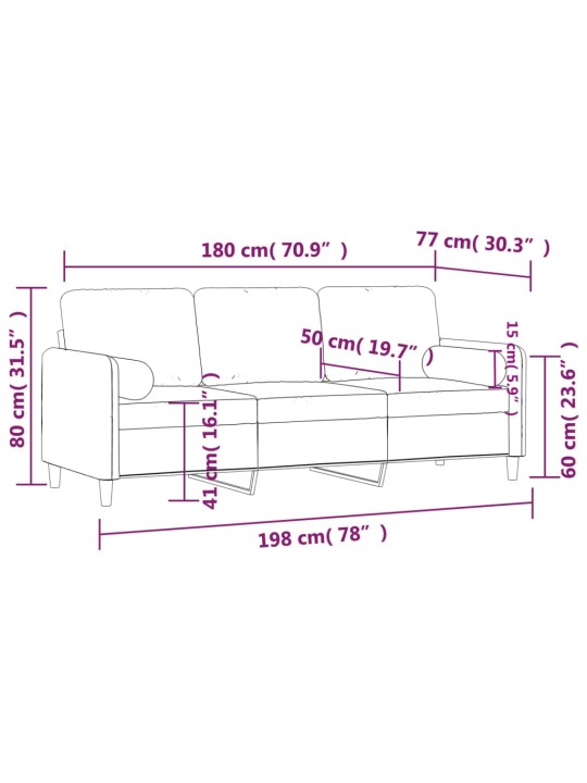 3-kohaline diivan patjadega, roosa, 180 cm, samet