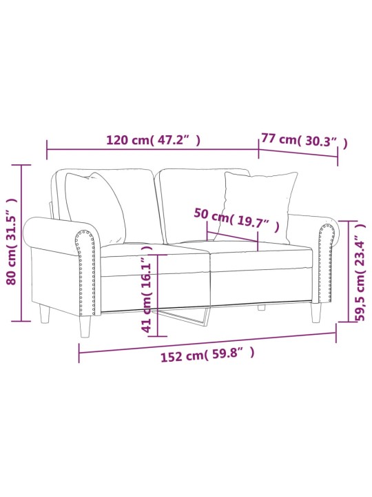 2-kohaline diivan patjadega, helehall, 120 cm, samet