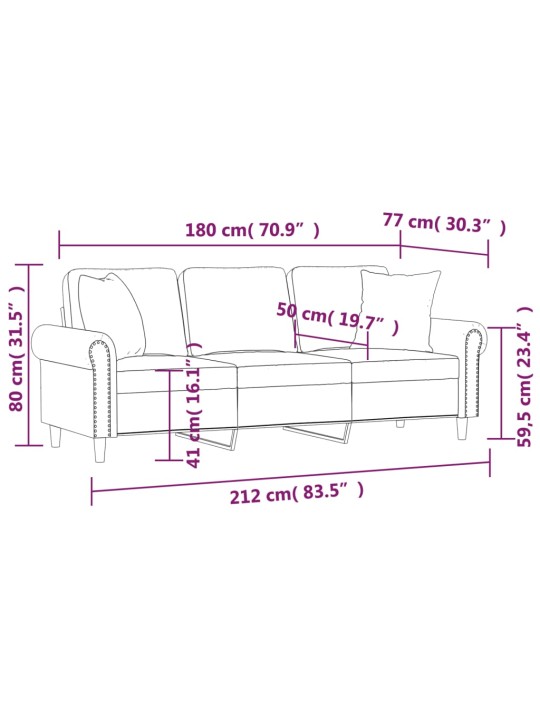 3-kohaline diivan patjadega, roosa, 180 cm, samet