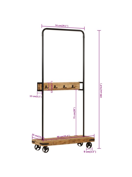 Ratastel riidenagi, 90 x 35 x 190 cm, mangopuit ja raud