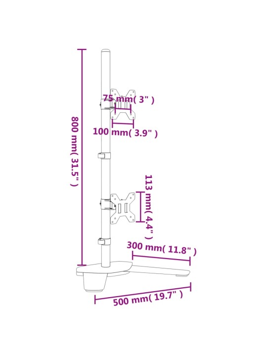 Kahe monitori alus, must, teras vesa 75/100 mm
