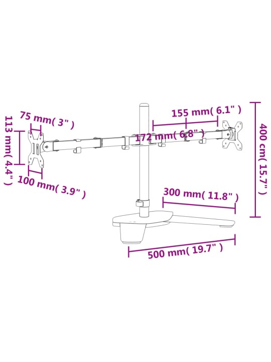 Kahe monitori alus, must, teras vesa 75/100 mm