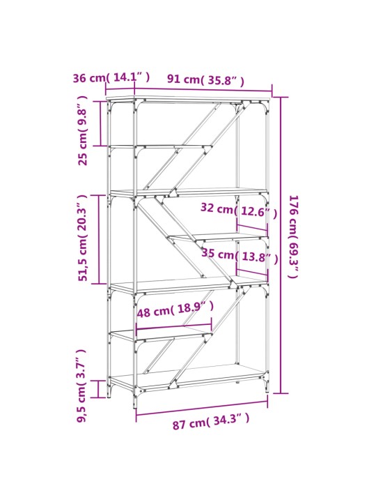 Raamaturiiul, hall sonoma tamm, 91x36x176 cm, tehispuit/teras