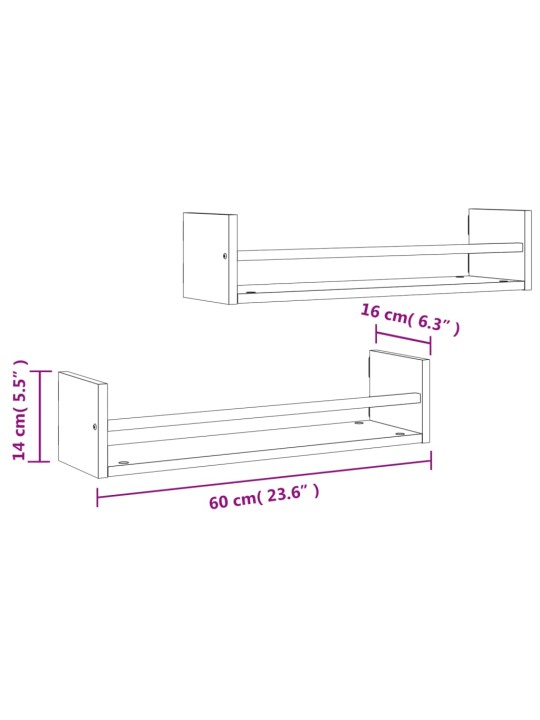 Lattidega seinariiulid 2 tk, must, 60 x 16 x 14 cm