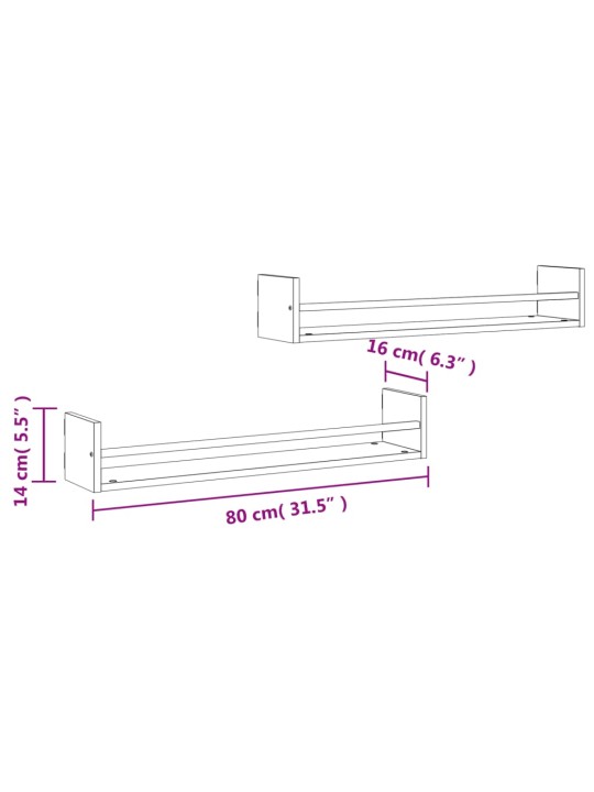 Lattidega seinariiulid 2 tk, hall sonoma tamm, 80 x 16 x 14 cm