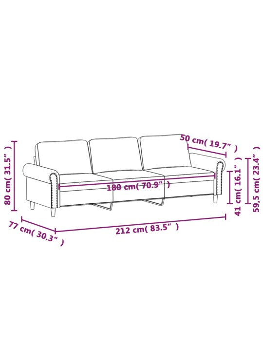 3-kohaline diivan, roosa, 180 cm, samet