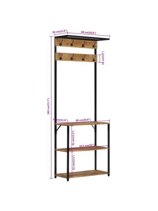 Riidenagi jalatsiriiuliga 68x30x182 cm töötlemata mangopuit