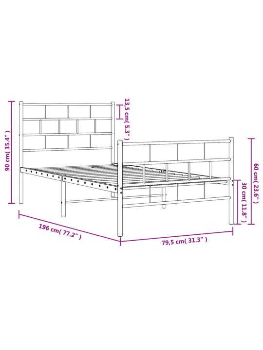 Metallist voodiraam peatsi ja jalutsiga, valge, 75x190 cm