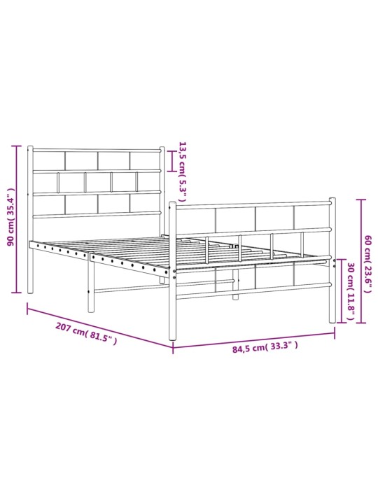 Metallist voodiraam peatsi ja jalutsiga, valge, 80 x 200 cm