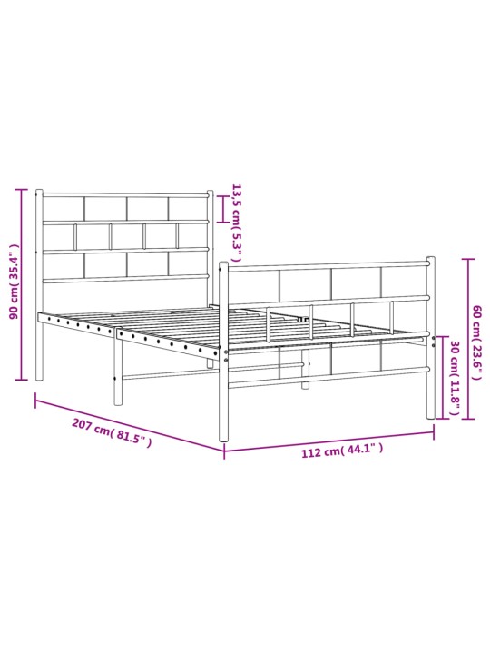 Metallist voodiraam peatsi ja jalutsiga, valge, 107x203 cm