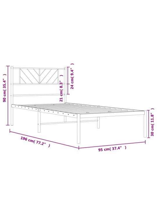Metallist voodiraam peatsiga, must, 90 x 190 cm