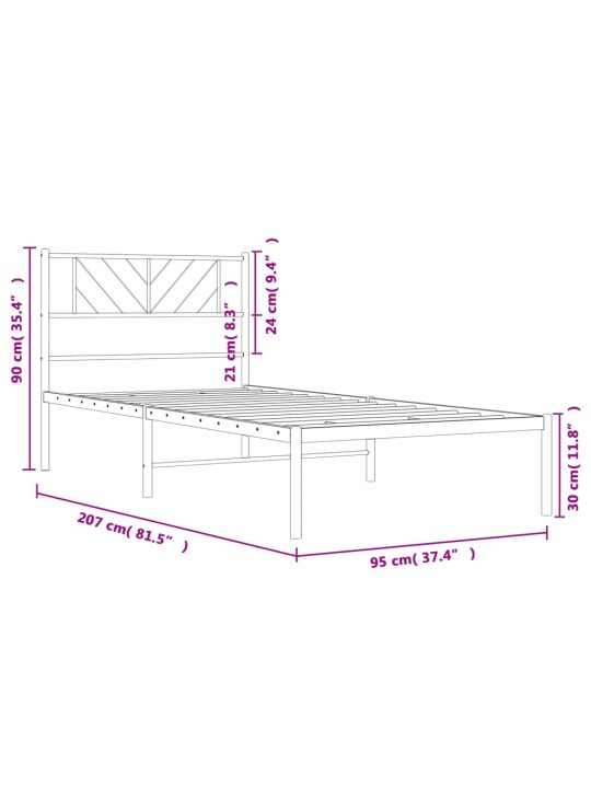 Metallist voodiraam peatsiga, must, 90x200 cm