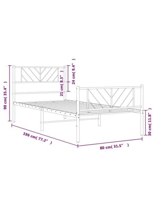 Metallist voodiraam peatsi ja jalutsiga, valge, 75x190 cm