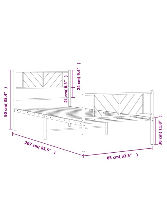 Metallist voodiraam peatsi ja jalutsiga, valge, 80 x 200 cm