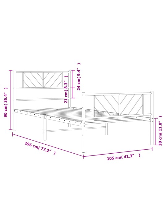 Metallist voodiraam peatsi ja jalutsiga, valge, 100x190 cm