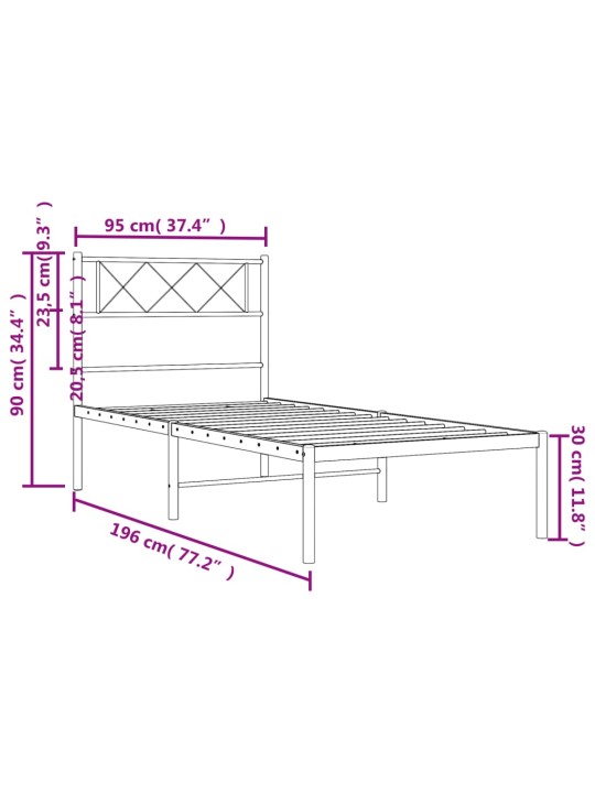 Metallist voodiraam peatsiga, must, 90 x 190 cm