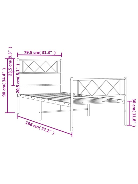 Metallist voodiraam peatsi ja jalutsiga, valge, 75x190 cm