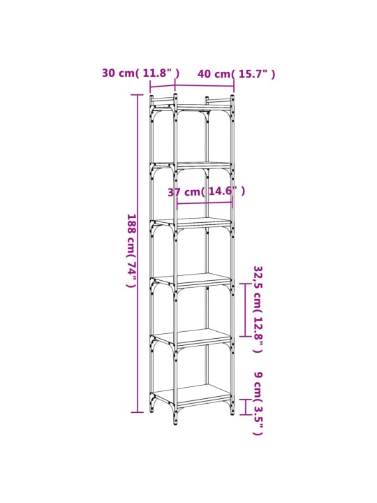 Raamaturiiul 6 korrust, pruun tamm, 40x30x188 cm, tehispuit