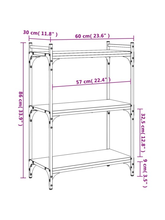 Raamaturiiul 3 korrust, pruun tamm, 60 x 30 x 86 cm, tehispuit
