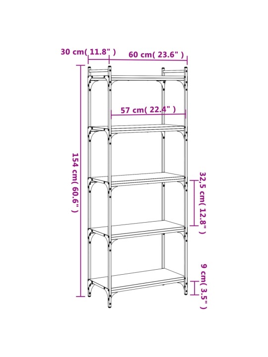 Raamaturiiul 5 korrust, pruun tamm, 60x30x154 cm, tehispuit