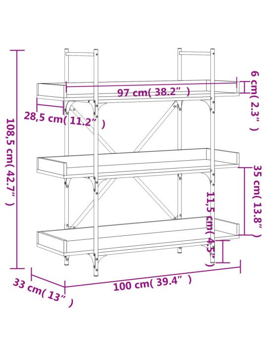 Raamaturiiul 3-korruseline, must, 100x33x108,5 cm, tehispuit