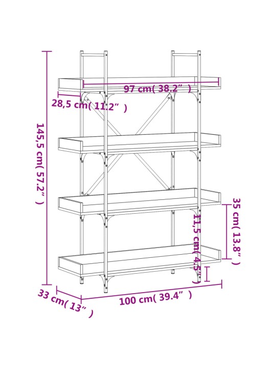 Raamaturiiul 4 korrust, suitsutamm, 100x33x145,5 cm, tehispuit