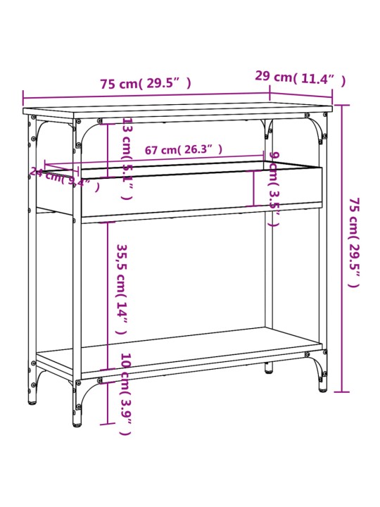 Riiuliga konsoollaud, suitsutatud tamm, 75x29x75 cm, tehispuit