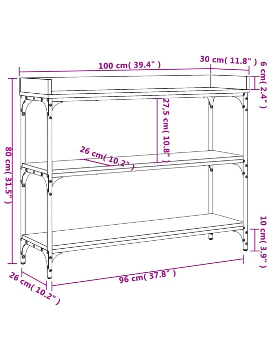 Riiulitega konsoollaud, suitsutatud tamm, 100 x 30 x 80 cm