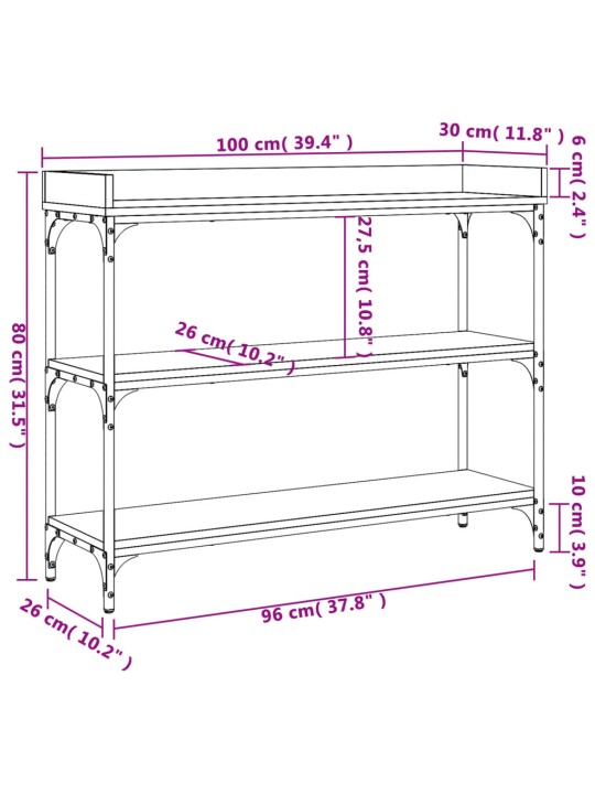 Riiulitega konsoollaud, hall sonoma tamm, 100 x 30 x 80 cm