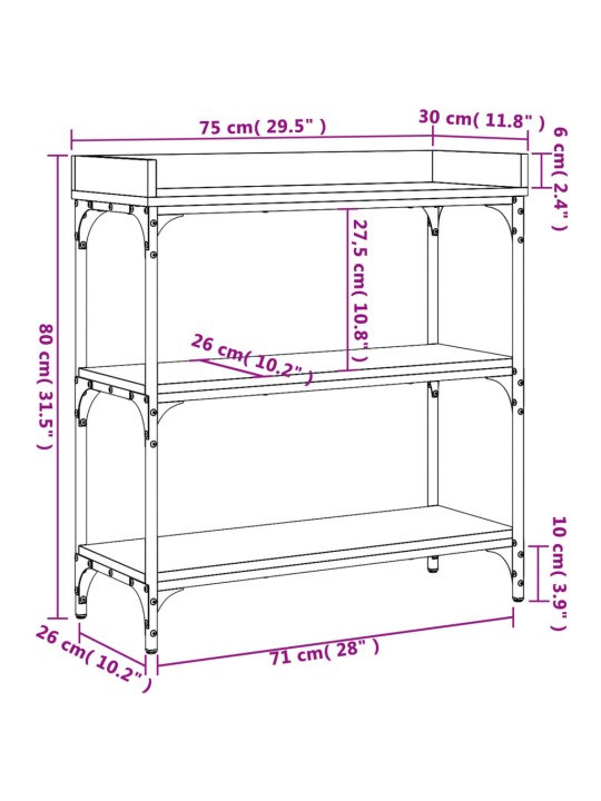 Riiulitega konsoollaud, suitsutatud tamm, 75 x 30 x 80 cm