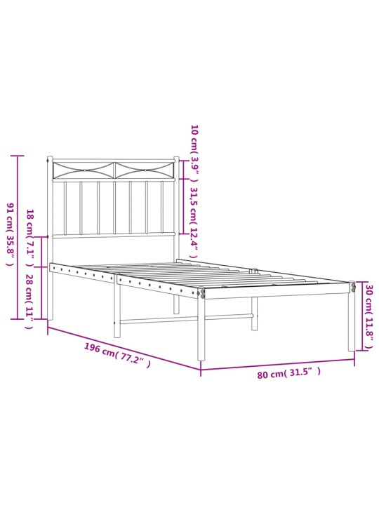 Metallist voodiraam peatsiga, must, 75x190 cm