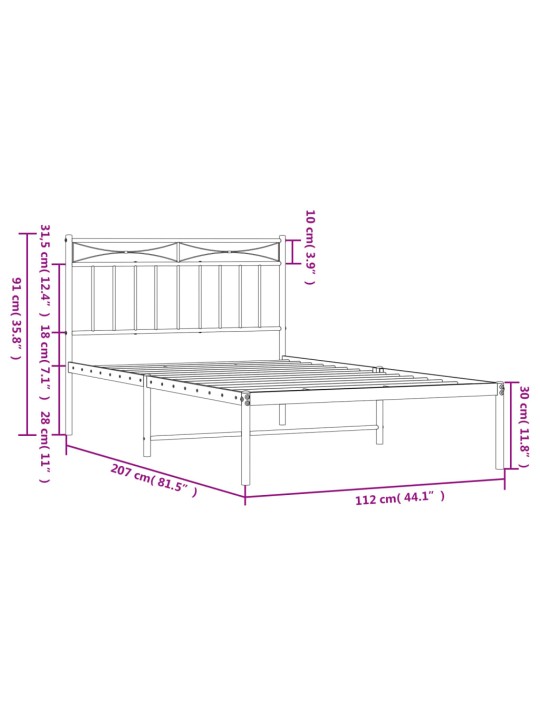 Metallist voodiraam peatsiga, valge, 107x203 cm