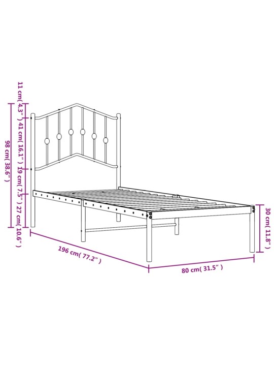 Metallist voodiraam peatsiga, must, 75x190 cm