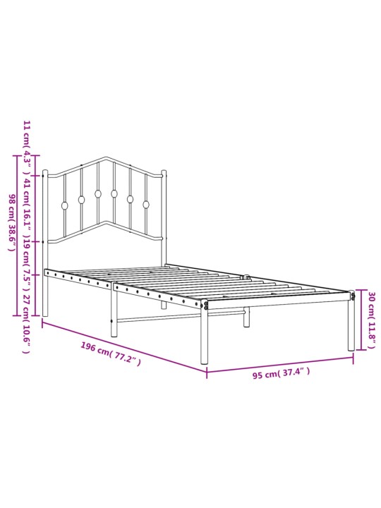 Metallist voodiraam peatsiga, must, 90 x 190 cm