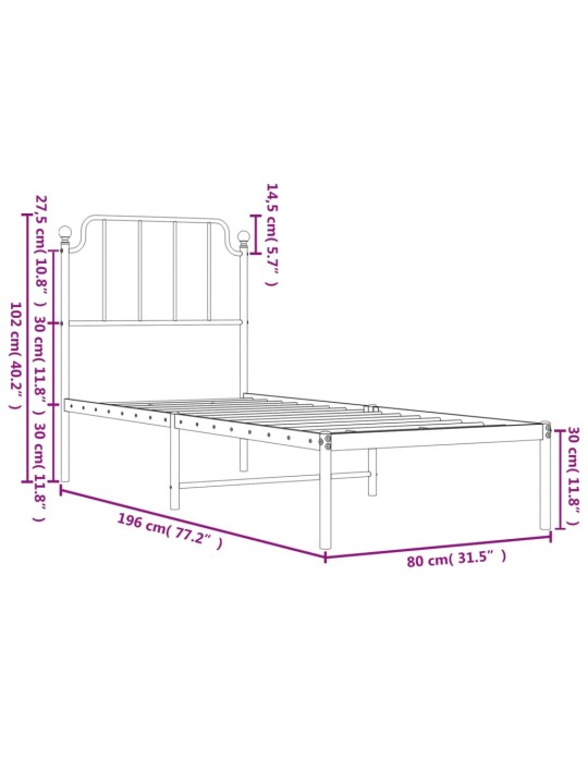 Metallist voodiraam peatsiga, must, 75x190 cm