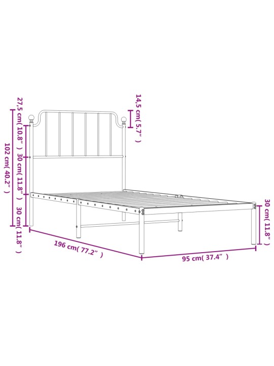 Metallist voodiraam peatsiga, must, 90 x 190 cm